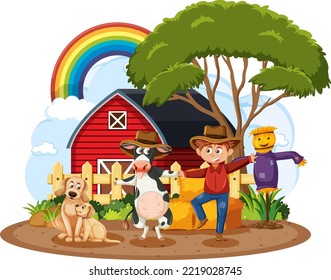Isolated farm scene with cartoon character illustration