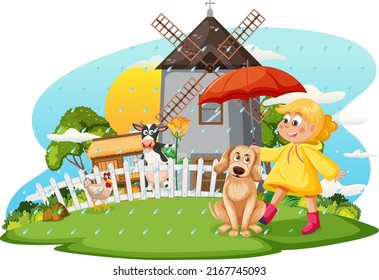 Isolated farm scene with a girl wearing raincoat illustration