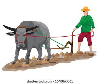 isolated farmer and buffalo vector design