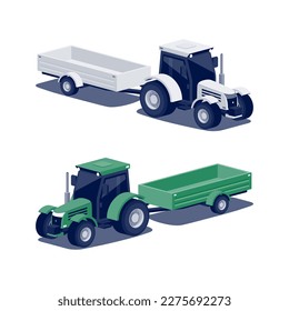 Isolated farming tractor with harvest trailer as agricultural equipment set. White and green tractor on white background. Isometric style vector illustration. Agriculture machinery for farm fieldwork.
