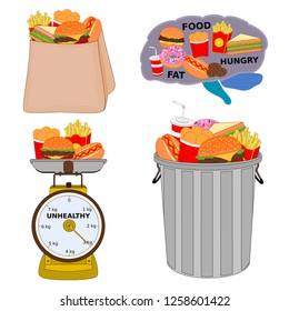 Isolated fast food menu concept with shopping bag , dustbin and scale 