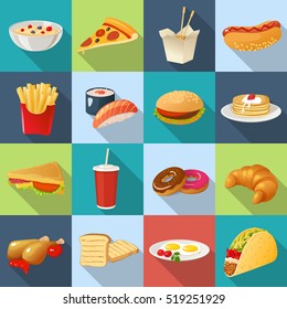 Isolated fast food square decorative symbols set with burgers sandwiches sweets drinks junk food with shadows vector illustration