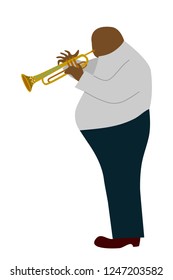 Isolated fat Black man playing trombone cartoon character, flat doodle vector Illustration