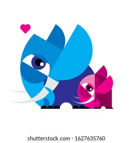Isolated father and daughter elephants with heart on white background