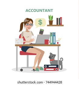 Isolated female accountant working at the table with documents, calculator and computer.