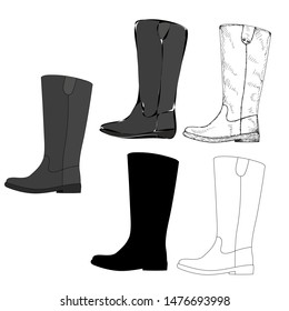 isolated female boot with sketch and silhouette.