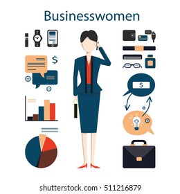 Isolated female businesswoman on white background. Young businesswoman with all the tools like charts, phone, glasses and more.
