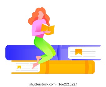 Isolated female character with encyclopedia learning new information for work or university. Woman sitting on pile of books reading printed publication. Student preparing for exams, vector in flat