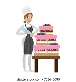 Isolated female chef decorating cake on white.