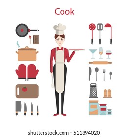 Isolated female chef on white background. Professional baker in uniform with cooking equipment as knife, rolling pin and more.