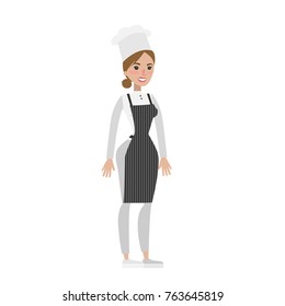 Isolated female chef in uniform and hat on white background.