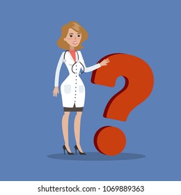 Isolated female doctor standing with question mark.