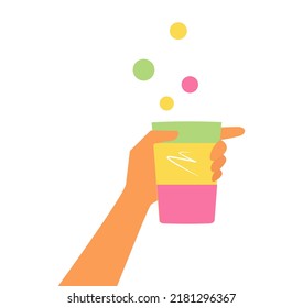 Isolated female hand holds a glass with drink, cocktail, juice, alcohol. Happy hour, greeting sign, party design, celebration with love. Colorful vector illustration in a minimalistic flat style.