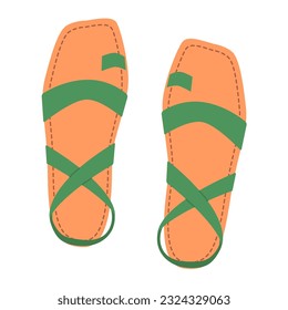 Isolated female summer green shoes with straps. Stylish modern design sandals. Flat hand drawn colorful vector illustration on white background.