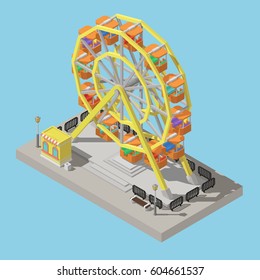 Isolated Ferris wheel and ticket office with shadows in isometric view.