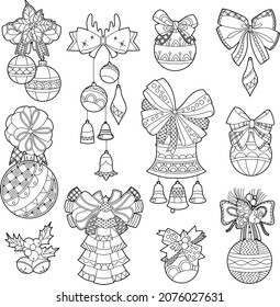 Isolated festive objects for Christmas tree decoration. Black and with festive balls with ribbons on white background. Elements for season design and coloring book