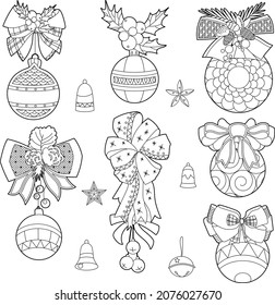 Isolated festive objects for Christmas tree decoration. Black and with festive balls with ribbons on white background. Elements for season design and coloring book