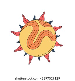 Isolated fictional abstract bright Sun on white background. Yellow and red colors. Space object in surrealistic cartoon style. Sticker, print on a T-shirt. Vector illustration