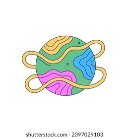 Isolated fictional abstract colorful planet with wavy rings on white background. Vibrant colors. Space object in surrealistic cartoon style. Sticker, print on a T-shirt. Vector illustration