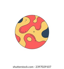 Isolated fictional abstract colorful planet on white background. Red and yellow colors. Space object in surrealistic cartoon style. Sticker, print on a T-shirt. Vector illustration