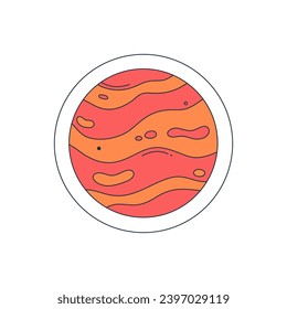 Isolated fictional abstract colorful planet on white background. Red and orange colors. Space object in surrealistic cartoon style. Sticker, print on a T-shirt. Vector illustration