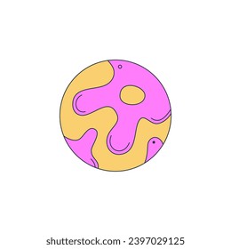 Isolated fictional abstract colorful planet on white background. Pink and yellow colors. Space object in surrealistic cartoon style. Sticker, print on a T-shirt. Vector illustration