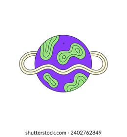 Isolated fictional abstract colorful planet with wavy ring on white background. Purple and green colors. Space object in surrealistic cartoon style. Sticker, print on a T-shirt. Vector illustration