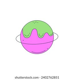 Isolated fictional abstract colorful planet on white background. Pink and green colors. Space object in surrealistic cartoon style. Sticker, print on a T-shirt. Vector illustration