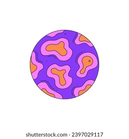 Isolated fictional abstract colorful spotted planet on white background. Purple and pink colors. Space object in surrealistic cartoon style. Sticker, print on a T-shirt. Vector illustration