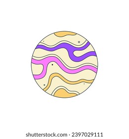 Isolated fictional abstract colorful striped planet on white background. Yellow and purple colors. Space object in surrealistic cartoon style. Sticker, print on a T-shirt. Vector illustration