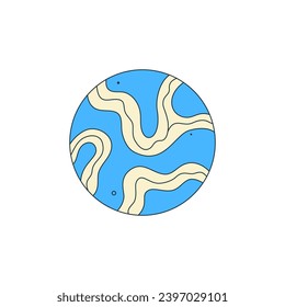 Isolated fictional abstract striped planet on white background. Blue color. Space object in surrealistic cartoon style. Sticker, print on a T-shirt. Vector illustration