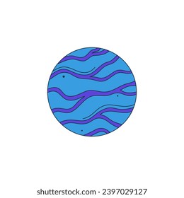 Isolated fictional abstract striped planet on white background. Blue colors. Space object in surrealistic cartoon style. Sticker, print on a T-shirt. Vector illustration