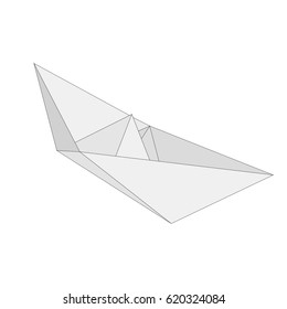 Isolated figure of boat, ship folded from white paper in origami style on white background