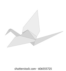 Isolated figure of japanese crane folded from white paper in origami style on white background