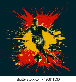 Isolated figure of a soccer player with half tone effect. Bright splashes composing Spanish flag.