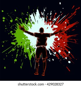 Isolated figure of a soccer player with half tone effect and paint splashes.