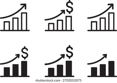 Conjunto de íconos de Vector negro de gráfico financiero aislado, íconos de gráfico financiero, datos de economía de inversión de ganancias, contorno negro sólido lleno de un trazo delgado mínimo, símbolos de análisis de gráficos comerciales