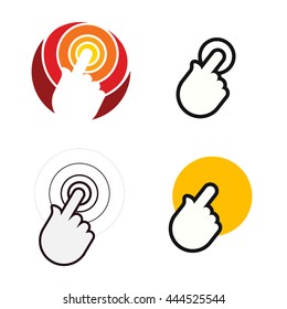 Isolated finger pushing the button vector logo. Round shape. Designed mouse cursor logotype. 