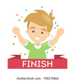 Isolated finishing boy with red sign and confetti.
