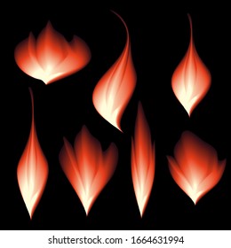 llamas de fuego aisladas en un fondo negro. Conjunto de logotipos de vectores.