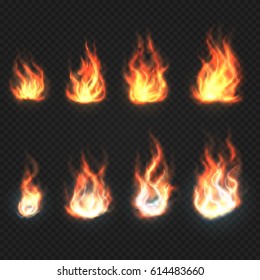 Isolated fire flames, power and energy symbols vector set. Flame burn, illustration of heat power flame