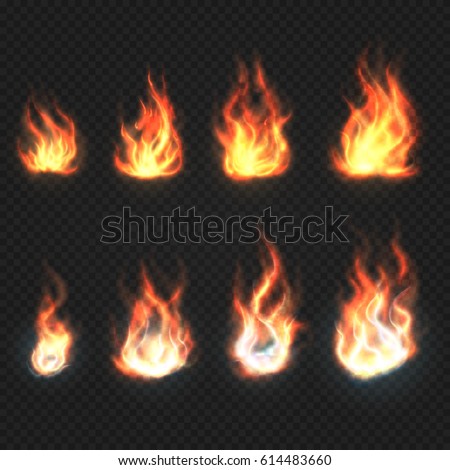 Isolated fire flames, power and energy symbols vector set. Flame burn, illustration of heat power flame