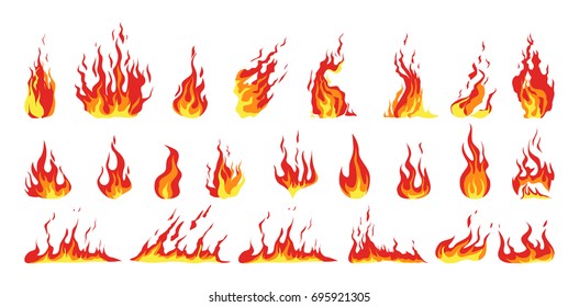 Isolated fire set on white background. Red and yellow flames.