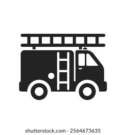 Isolated fire truck pictogram, with ladder, minimalist glyph design, for emergency service iconography