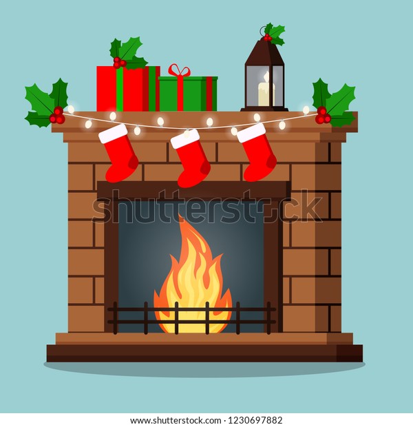 Isolated Fireplace Decorated Christmas Gifts Mistletoe Stock Vector ...