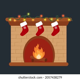 Isolated fireplace decorated with garland and socks. Vector illustration design element.