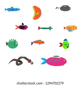 Isolated fish. Set of freshwater aquarium cartoon fishes. varieties of color fish. Flat design fish. Vector illustration, fishes. fish collection. aquarium modern flat fishes.