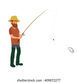 isolated fisherman with a fishing rod in wading boots on a white background. Vector flat illustration