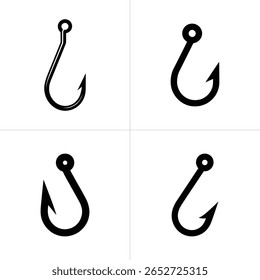 Isolated fishhooks of different shapes and sizes on a transparent background with a hook and line, fishing tackle, as well as the elements fishing symbols.