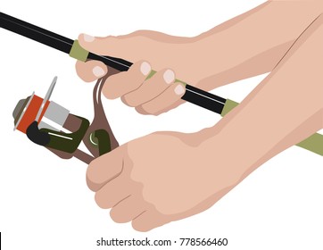 isolated fishing reel and hands of angler

